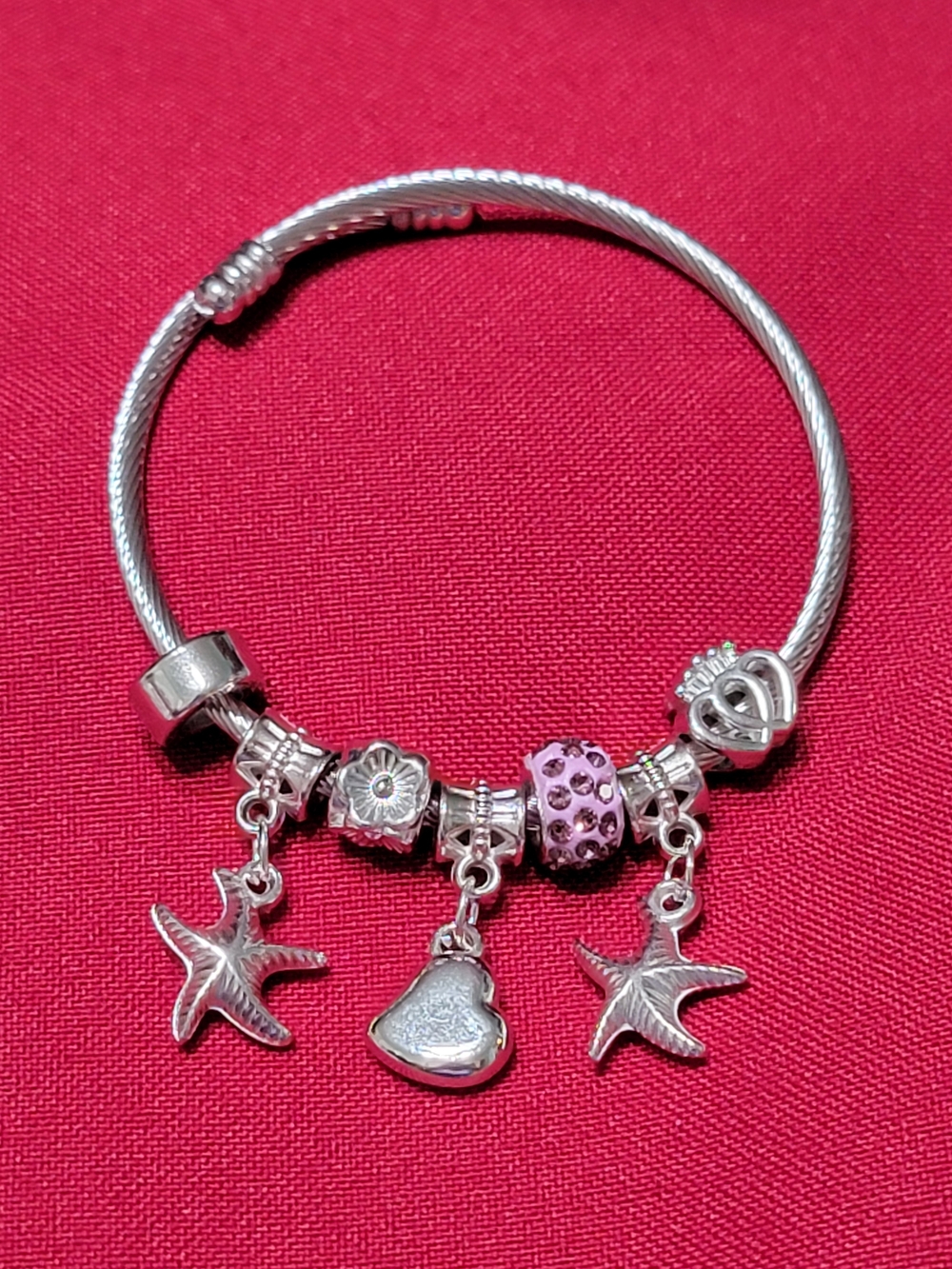 Silver Charm Bracelet with Purple Pave Bead, Heart and Starfish Charms